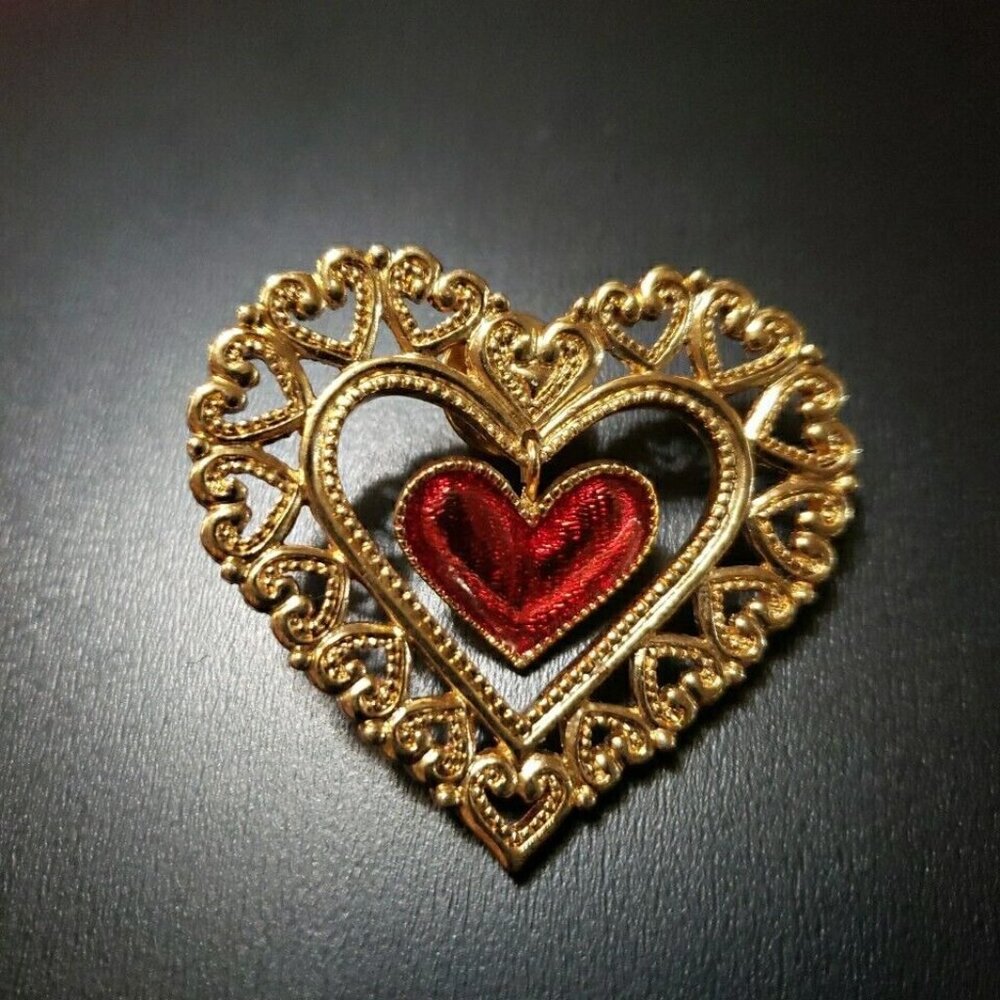 Gold-Tone Filigree Heart Brooch With Red  Heart Insert